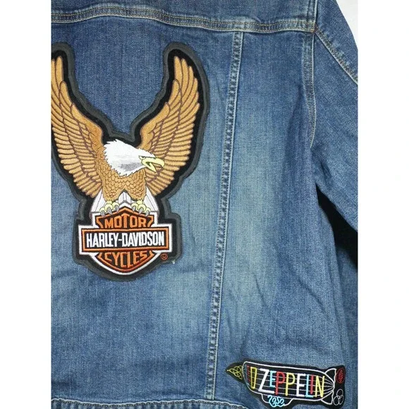 Eddie Bauer Denim Jean Jacket Patches Women XL Biker Bike Week Bands Beer - Picture 15 of 16